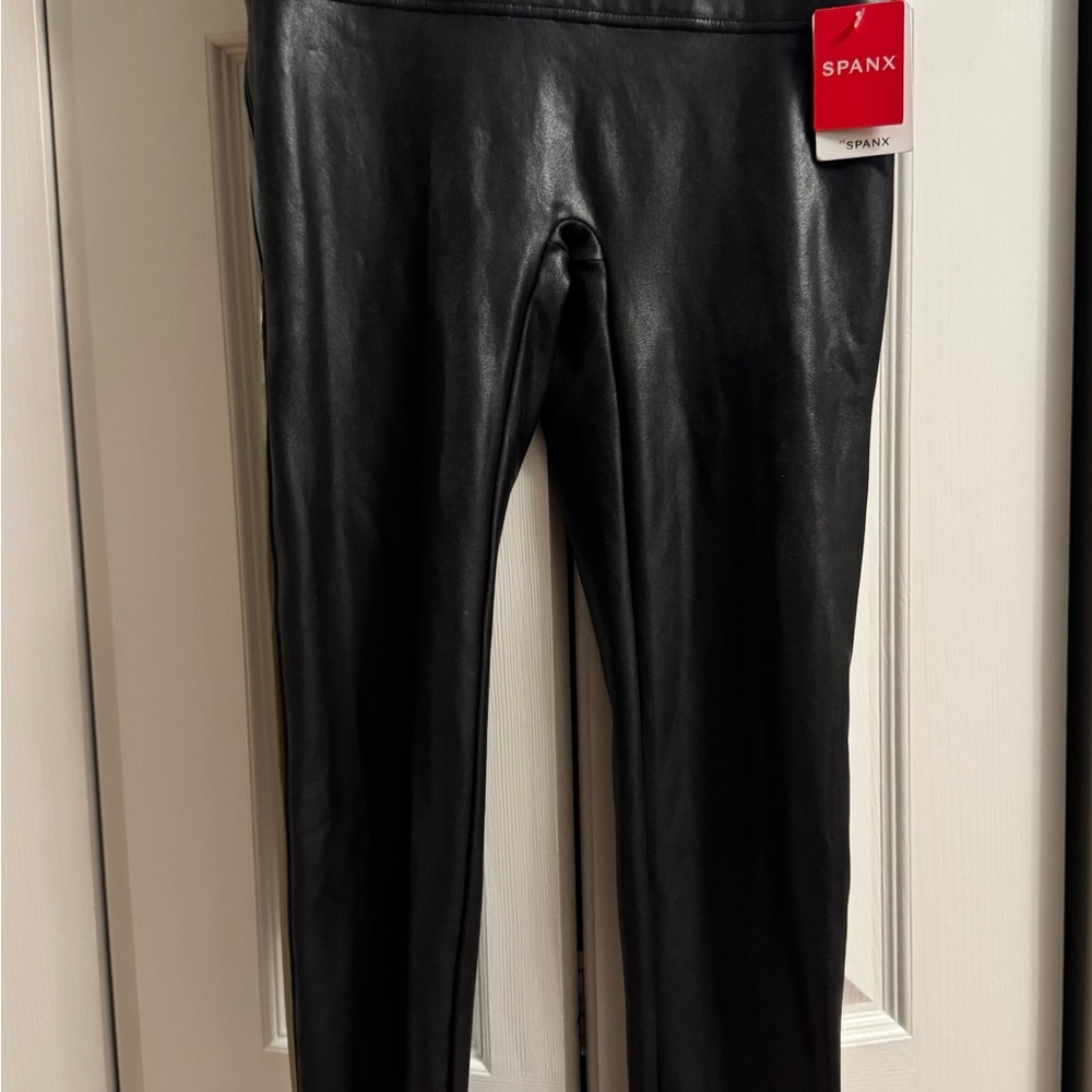 SPANX Black Faux Leather 7/8 Track Stripe Leggings, L